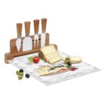 0848 Lesf Peynir Tabağı Bambu Standlı Cam Sunumluk Ve 4 Peynir Bıçağı 30x25cm – STANDART
