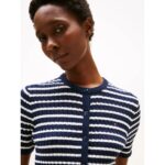 Th Ww0ww45707 Co Cable Fıne Gg S/s C-nk Cardı Kadın Sweaters – BEYAZ-LACİVERT - Görsel 2