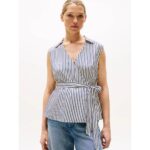 Th Ww0ww45884 Vıs Twıll Ns Wrap Top Kadın Gömlek – BEYAZ-LACİVERT