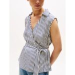 Th Ww0ww45884 Vıs Twıll Ns Wrap Top Kadın Gömlek – BEYAZ-LACİVERT - Görsel 2